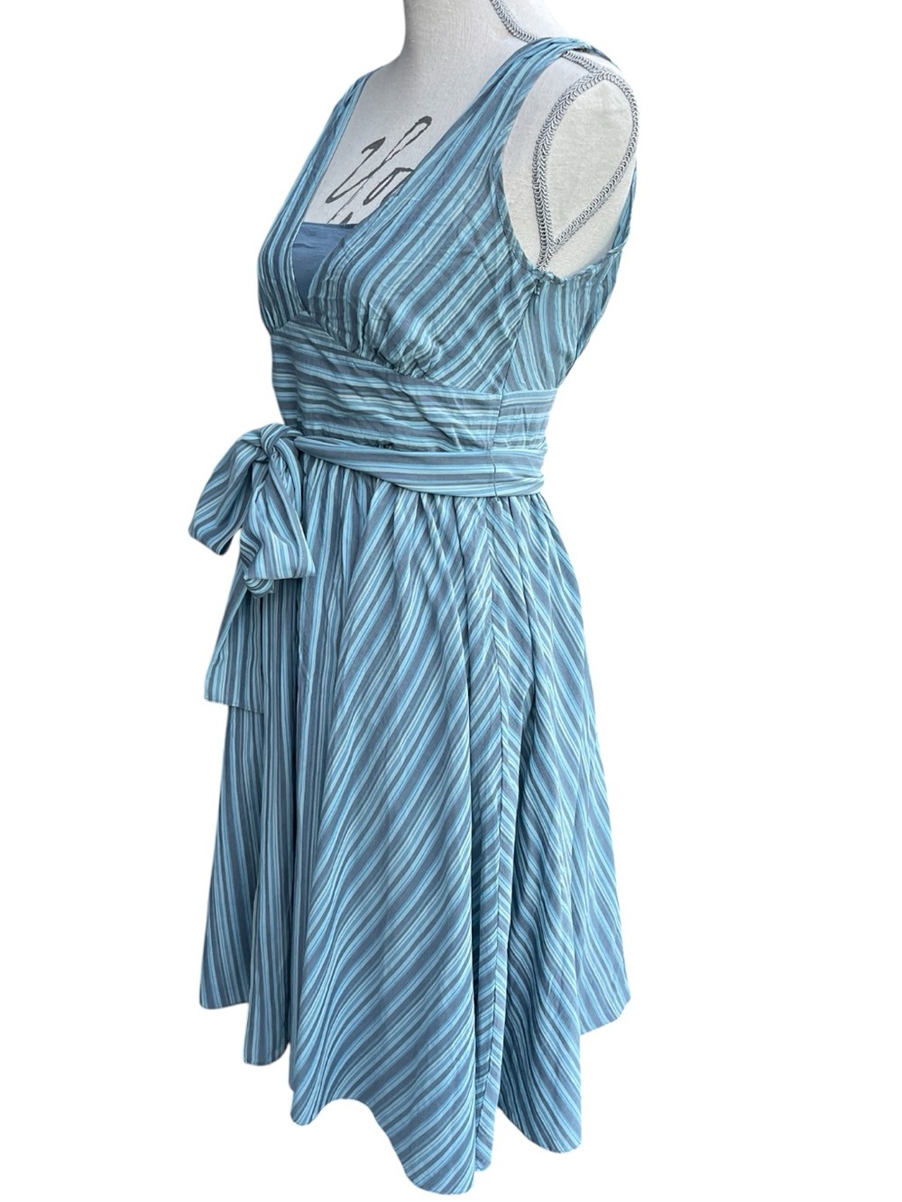 Banana Republic Aqua/Blue Stripe Cotton V-Neck Tie Waist A-Line Midi Dress (4) - Picture 5 of 16